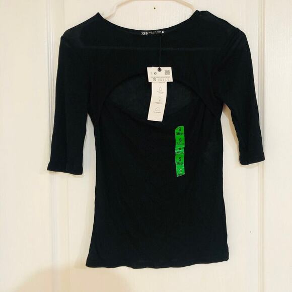ZARA Women's Top Knit Cut Out Half‎ Sleeve Round Neck Black Size Small NWT - Picture 3 of 11